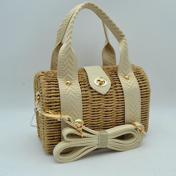 Handbags - Cream-Strap Woven Straw Handbag
